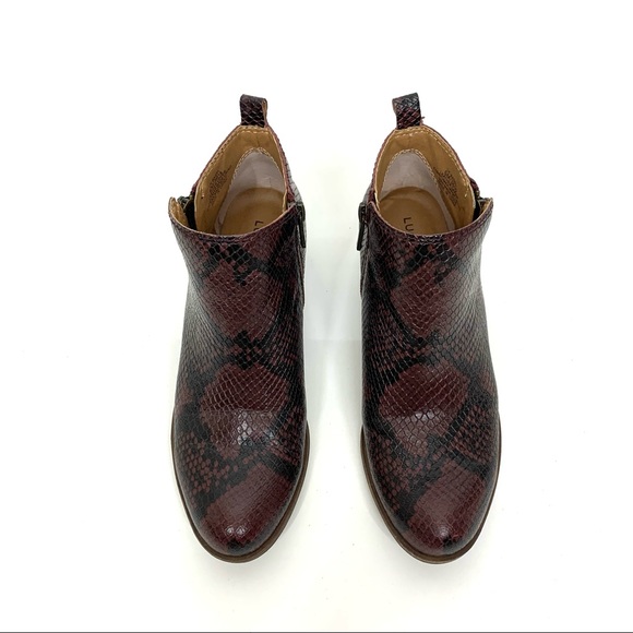 Lucky Brand Basel Snakeskin Print Double Zipper Booties Ankle Boot Maroon Hue - Picture 11 of 14